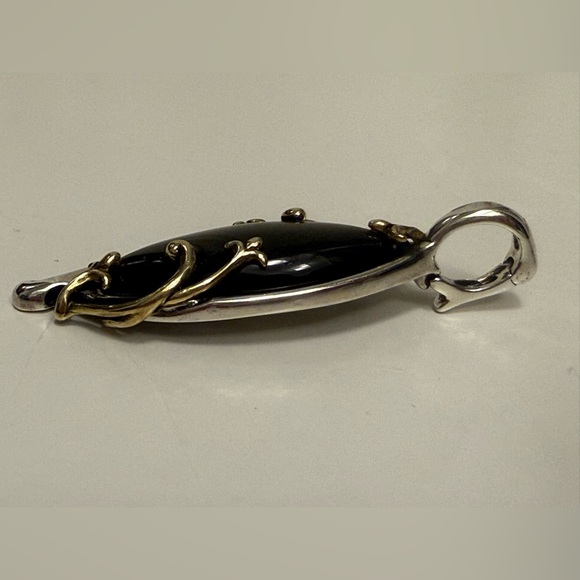 925 Sterling Silver & Brass Artisan Pendant Enhancer – Dark Stone Cabochon 🆕 - Picture 3 of 5